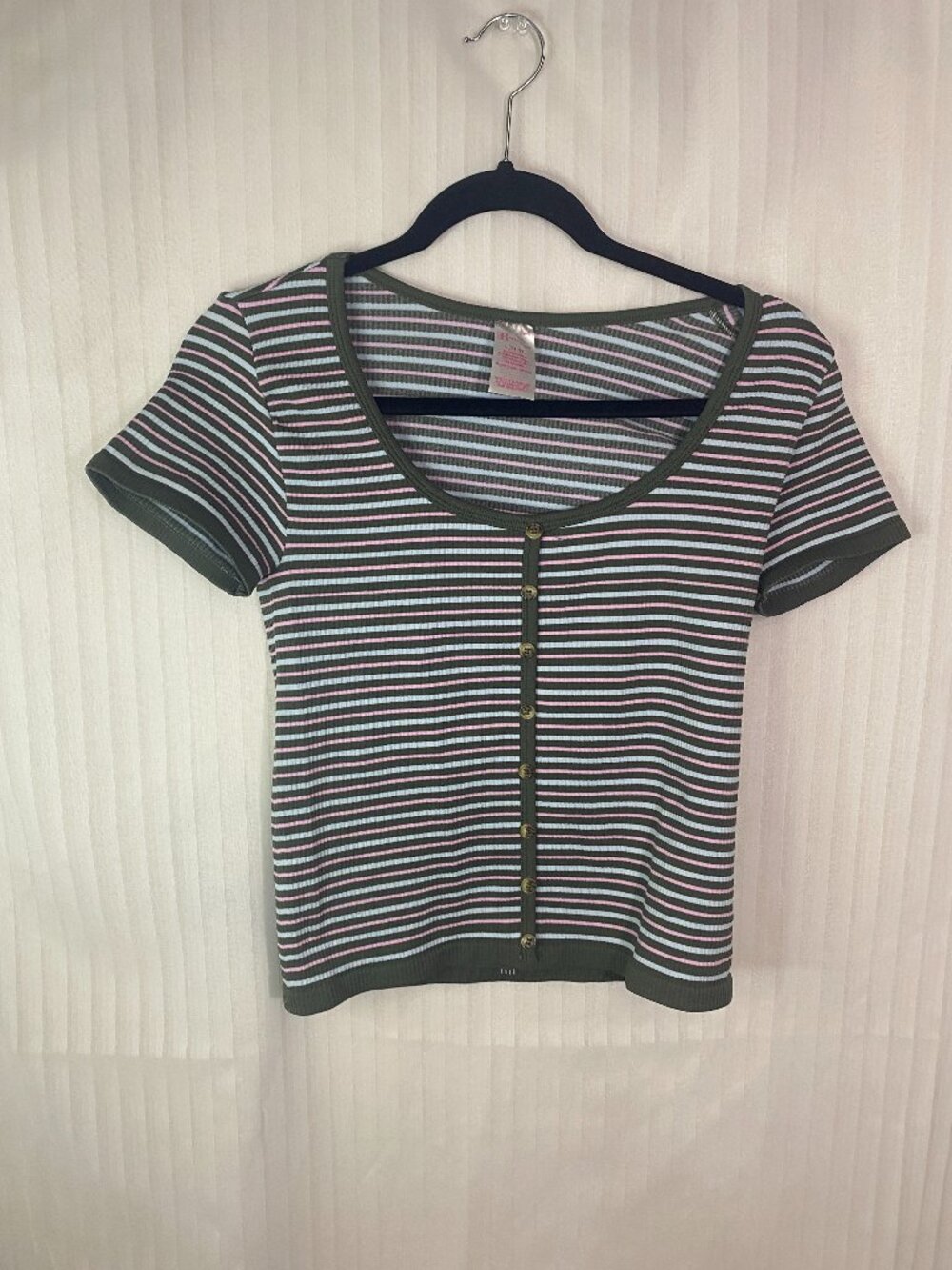 No Boundaries Womens Large Ribbed Striped Button Front Crop Top Green Pink White